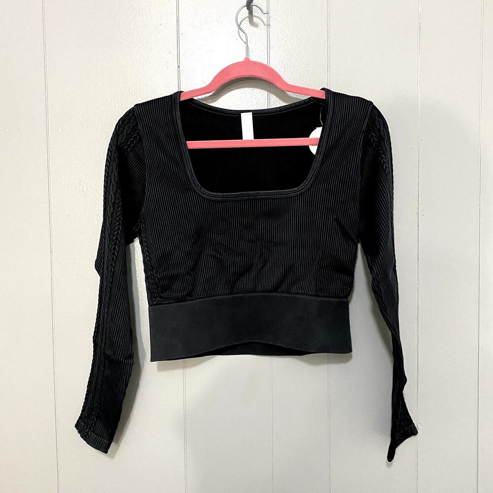 NEW Aerie Offline Black Sidewalk Seamless Ribbed Long Sleeve Cropped Top XL